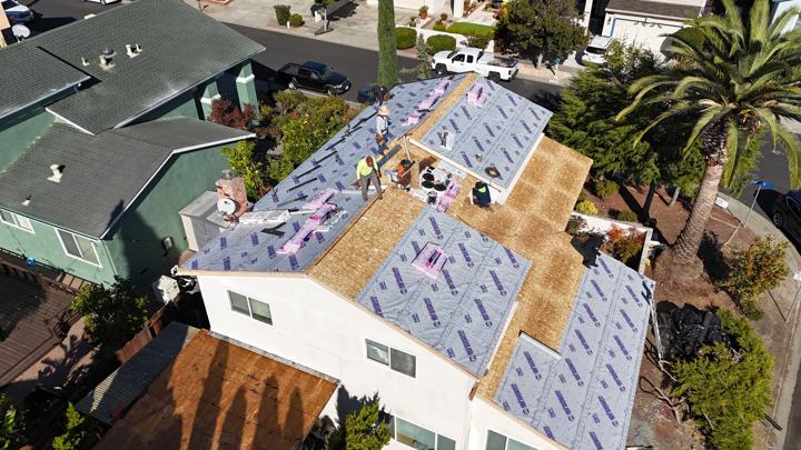 Underlayment on a green house with a palm by Precise Roofing
